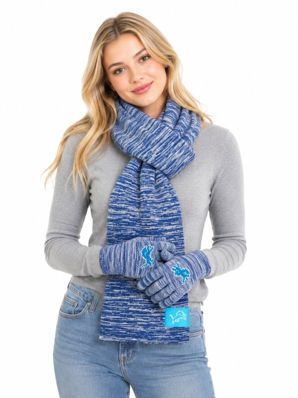 Detroit Lions Infinity Scarf And Glove Set Knit Color Blend Texting Finger Tips